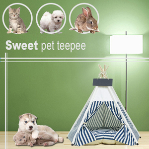 Blue Stripes Pets Teepee Tent, Easy Assembling With 5 Wooden Poles ,Removable and Washable Cat Dog Playhouse