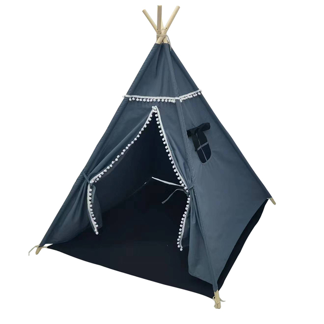Kids Teepee Tent with Snowballs Decoration Cotton Fabric With Wooden Poles