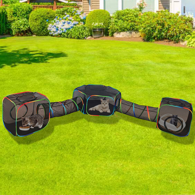 Set of 5 Outdoor Rainbow Cat Enclosures Pet Playground Kitty Small Animals Rabbit Guinea Pig Playpen Square Hexagon Tent with Tunnel