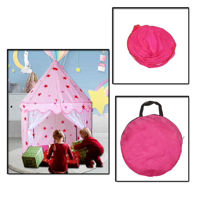 Pink Kids Princess Castle Tent With Star And Mesh Door