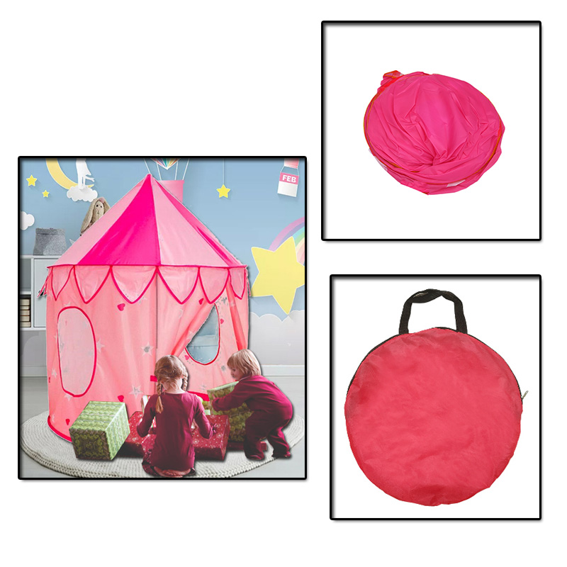 Pop Up Pink Kids Castle Play Tent Fiberglass Poles With Carry Bag Indoor Outdoor