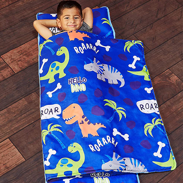 Blue Cartoon with Dinos Portable Kid's sleeping bag with Carry Handle with Straps Closure