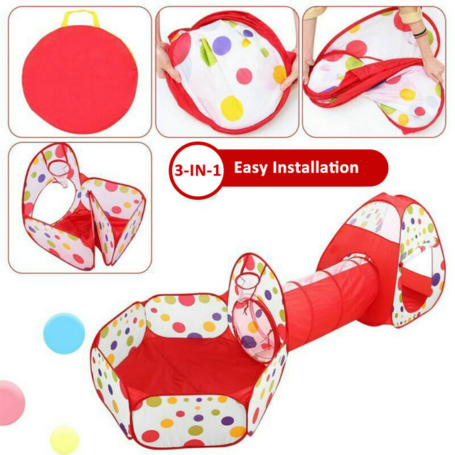Multicolor dot Folding Portable Kids Play Tent with crawl tunnel, Ball Pit with Basketball Hoop,3 in 1 Playhouse Tent