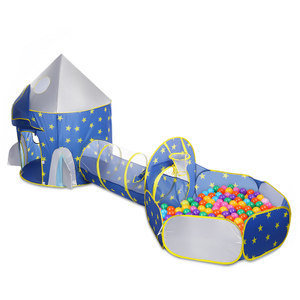 Blue with star Foldable Pop Up 3 In 1 Kids Rocket Playhouse use for Indoor Outdoor ,Rocket Ball Pit Tent with Crawling Tunnel 