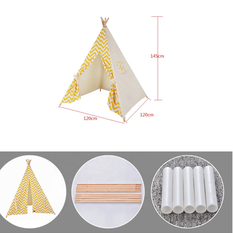 Yellow wave stripe Teepee Kids Play Indian Tent House Canvas Children Indoor Wigwam Playhouse for Indoor Play Deco