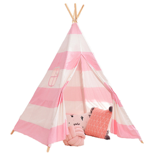 XP-TP064 Pink stripe cotton canvas wooden pole pyramid Tent Kids Teepee, best playhouse for Girls and Boys 