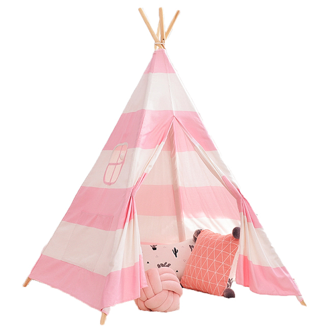 XP-TP064 Pink stripe cotton canvas wooden pole pyramid Tent Kids Teepee, best playhouse for Girls and Boys 
