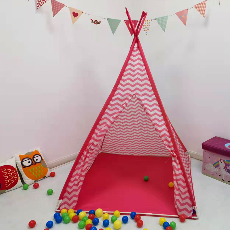 Portable Foldable Pink Wavy Line Kids Teepee Play Tent With PVC Poles 