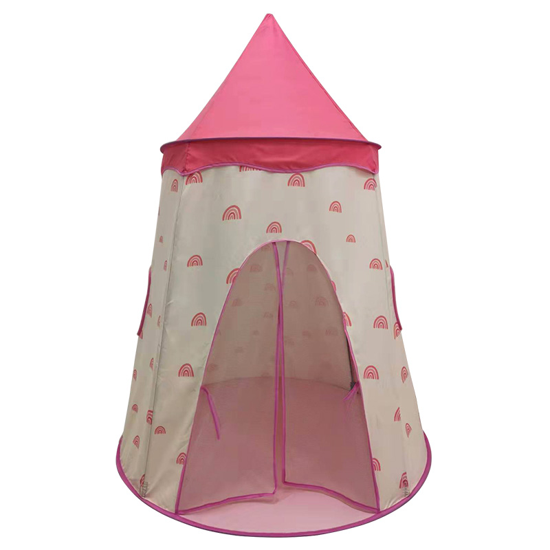 Pink Girls Princess Castle Tent With Rainbow Printing With Mesh Door And Window