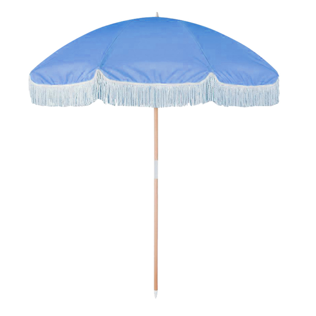 Custom design foldable anti UV wooden frame beach umbrella with tassels packing with carry bag