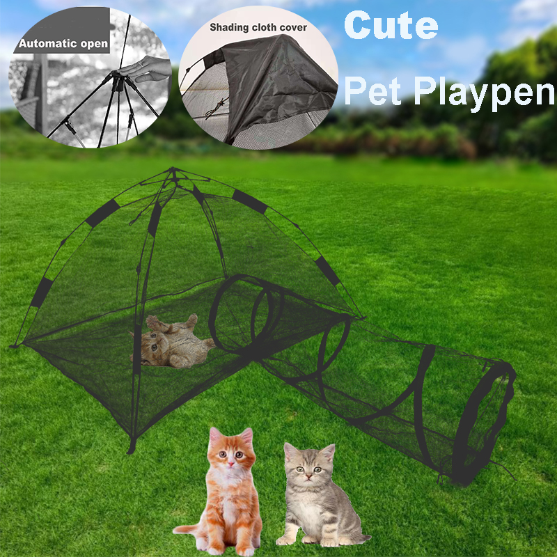 Outdoor Mesh cloth portable pet playpen Outside Cat Enclosure with tent tunnel, playhouse for cat small animals