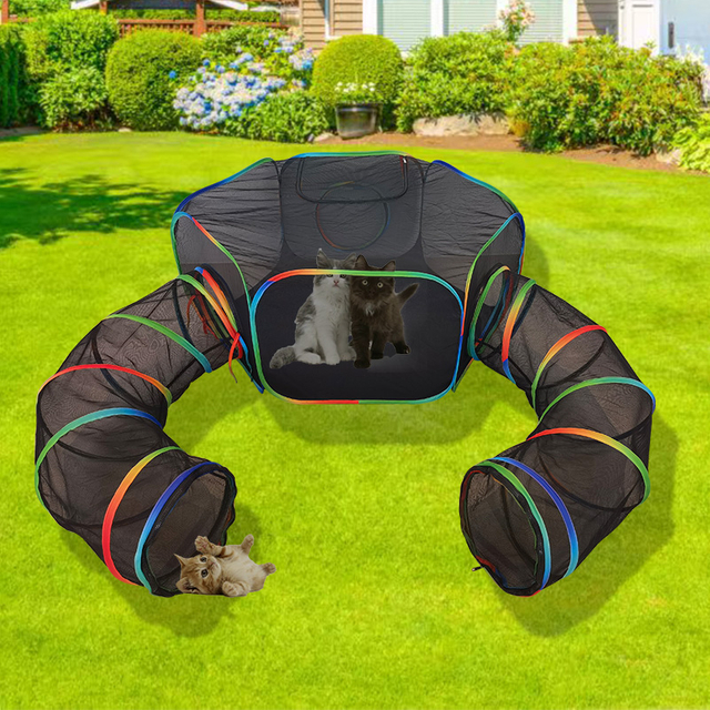 Set of 2 Outdoor Rainbow Cat Enclosures Pet Playground Kitty Small Animals Rabbit Guinea Pig Playpen Hexagon Tent with Circle Tunnel