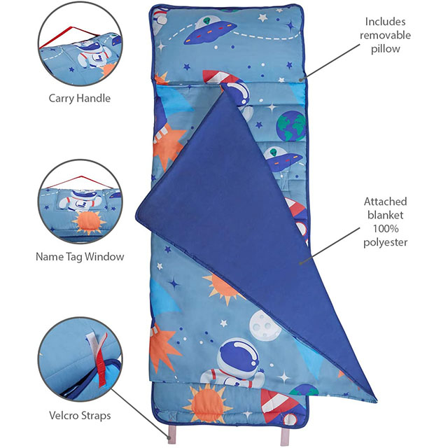 Rollup Design Outer Space Adventures Toddler Nap Mat w/Removable Pillow,Carry Handle with Straps Closure, Travel Sleeping Bag - Ages 3-6 Years