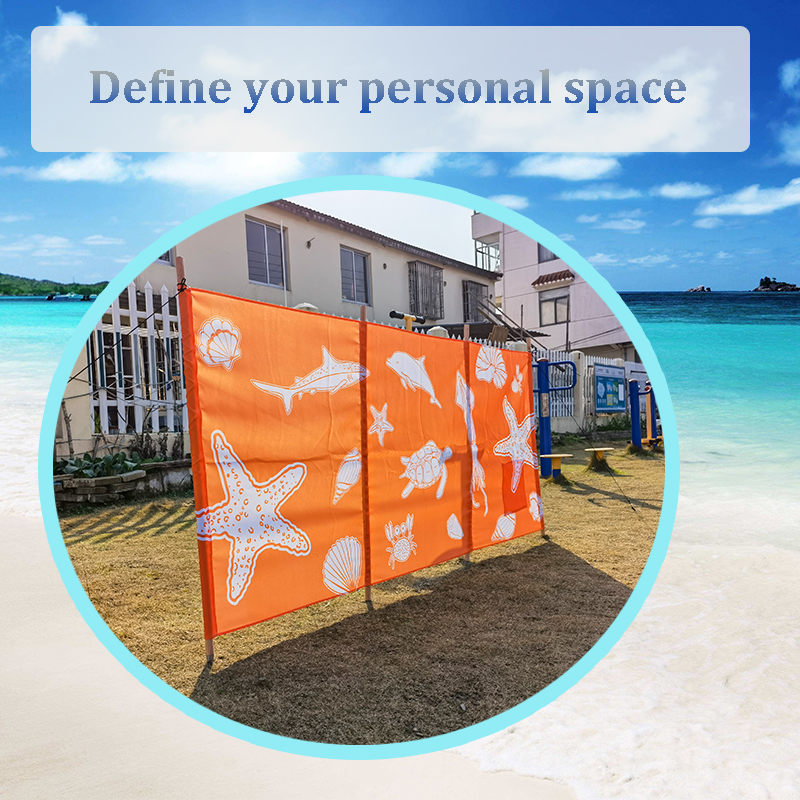 New Orange Fishes Beach Windbreak Fabric Material With Wooden Poles