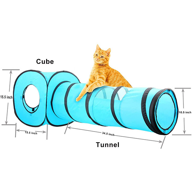 Blue Color 2 in 1 Cat Toys Cat Tunnel and Cat Cube Pop Up Collapsible Indoor Outdoor Toys