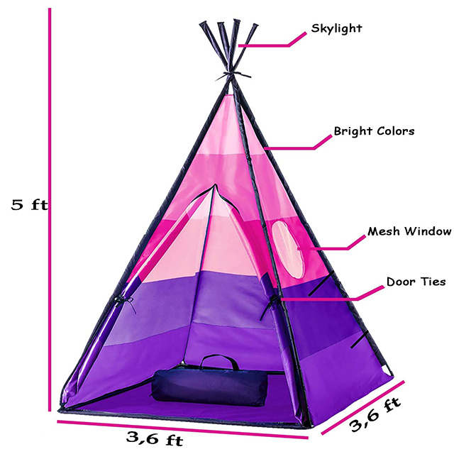 Pink Blue Teepee Kids Play Tent With Lights & Carrying Case for Girls & Boys, Indoor & Outdoor Use
