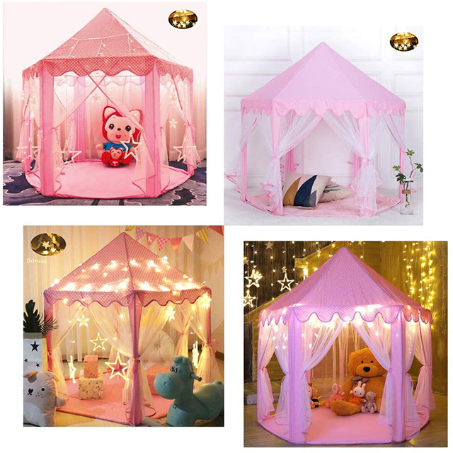 Pink Large Princess Castle Play Tent Playhouse with Star Lights Toys for Girls Kids Children Indoor Games 