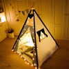 Foldable Portable Canvas Kids Teepee Tent with Light String & Carry Bag for Indoor Outdoor, Kids Teepee Playhouse with Black Wave Stripe Print 