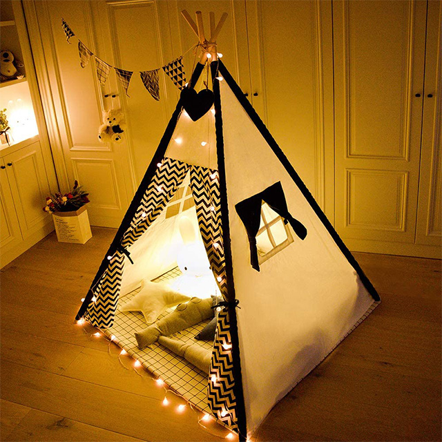 Foldable Portable Canvas Kids Teepee Tent with Light String & Carry Bag for Indoor Outdoor, Kids Teepee Playhouse with Black Wave Stripe Print 