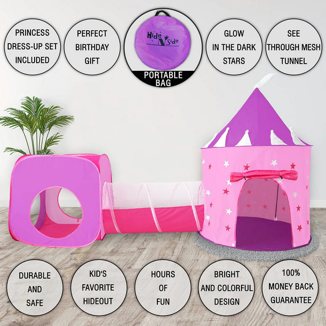 Pink princess kids play tent with crawl tunnel ,girls castle tent, glow in the dark playhouse combo tent