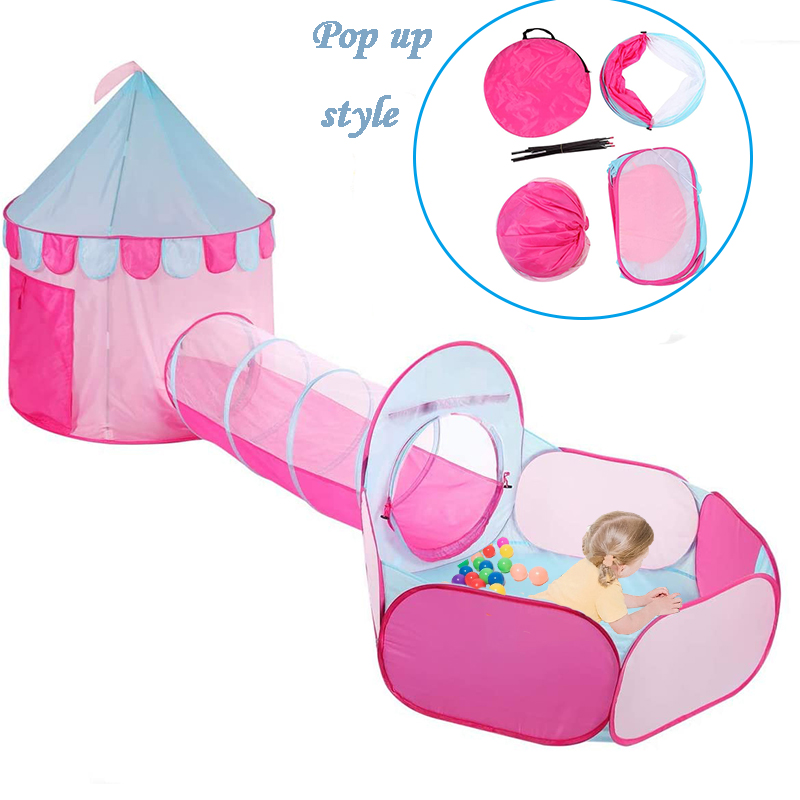 3 in 1 Pink Kids Foldable Indoor Pop Up Play Tent 3pc Combo Set Castle Play House Child Toy Tents