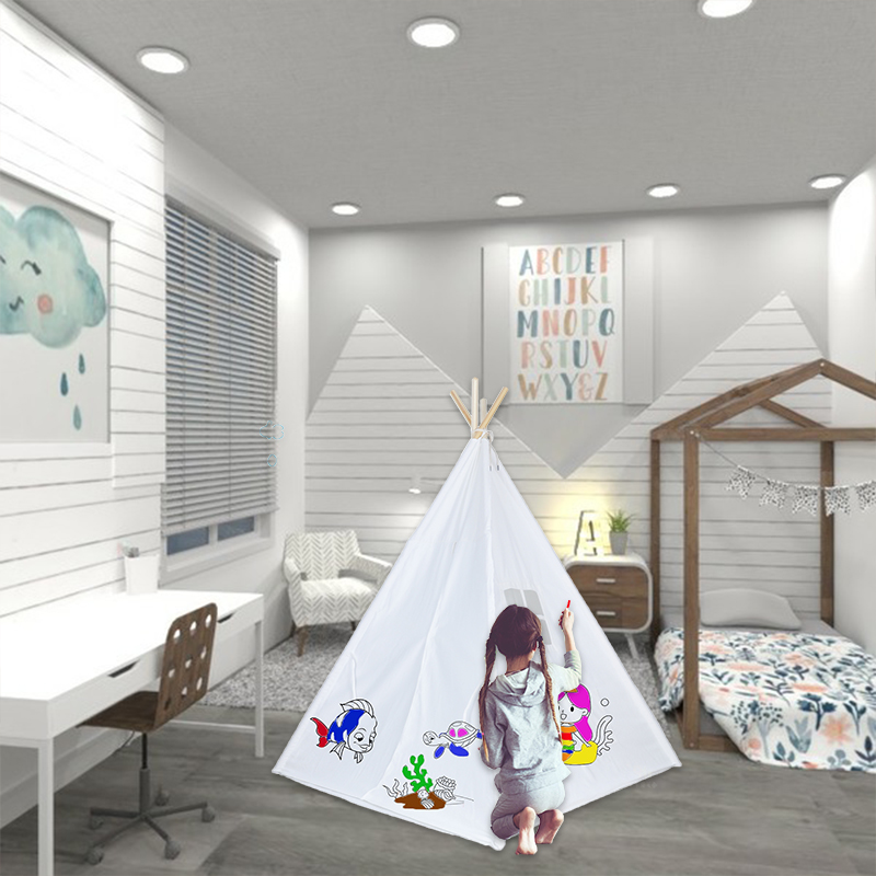 White Cotton Canvas DIY Painting Portable Kids Canvas Teepee Tent 