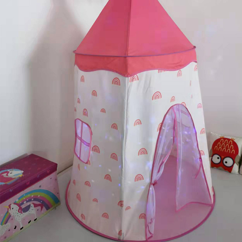 Pink Girls Princess Castle Tent With Rainbow Printing With Mesh Door And Window