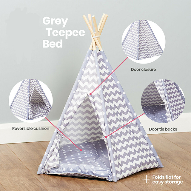 Factory Wholesale Grey Chevron Pets Teepee Bed For Cat/Kitten/Dog/Puppy Tipi Play Tent House