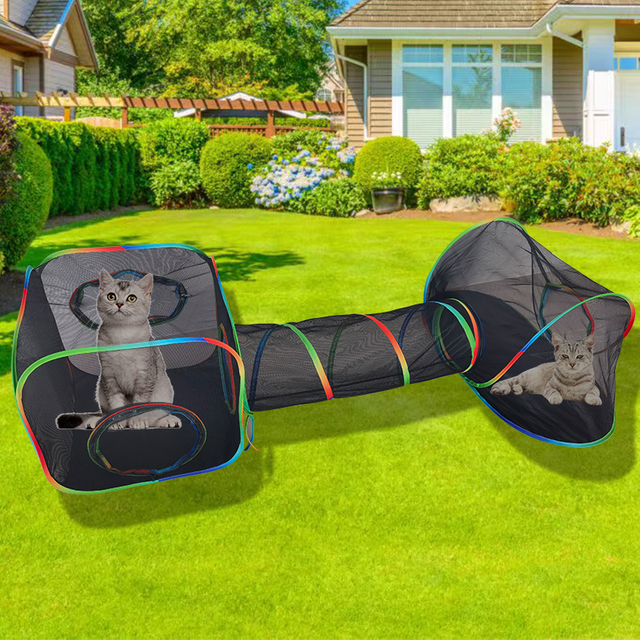 3 Pcs Outdoor Rainbow Cat Enclosures Pet Playground Kitty Small Animals Rabbit Guinea Pig Playpen Square Olive Tent with Tunnel
