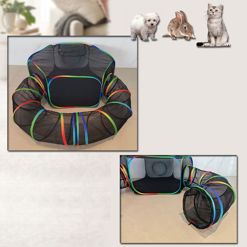 Set of 2 Outdoor Rainbow Cat Enclosures Pet Playground Kitty Small Animals Rabbit Guinea Pig Playpen Hexagon Tent with Circle Tunnel