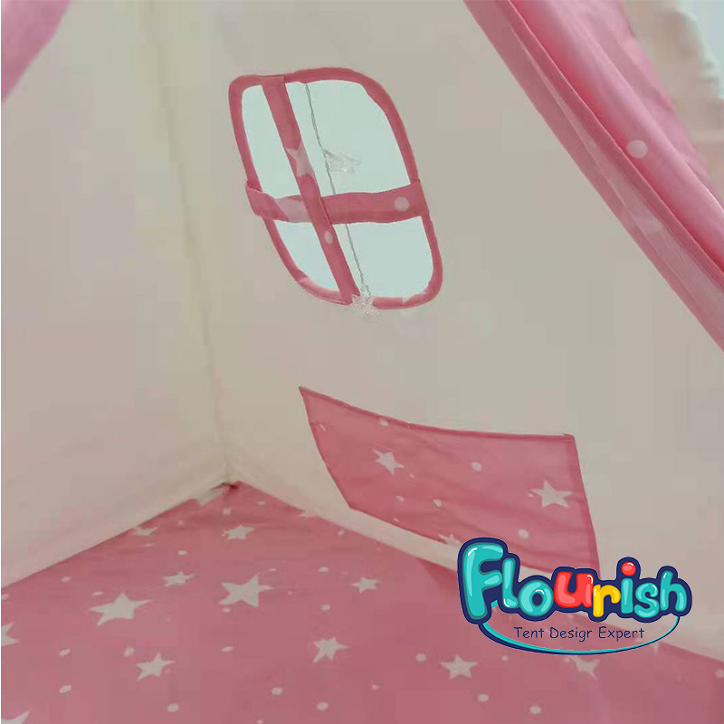 Cheaper New design pink with white star wooden poles indian kid's teepee tent