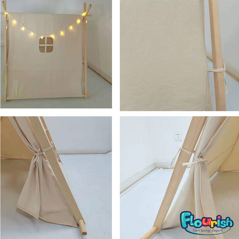 Natural color organic cotton canvas wooden poles teepee tent with window on side