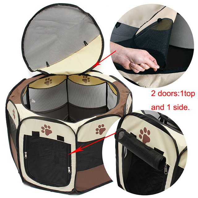 Brown Pet Portable Foldable Playpen Exercise Kennel Dogs Cats Indoor/Outdoor Removable Mesh Shade Cover
