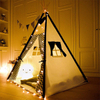 Foldable Portable Canvas Kids Teepee Tent with Light String & Carry Bag for Indoor Outdoor, Kids Teepee Playhouse with Black Wave Stripe Print 