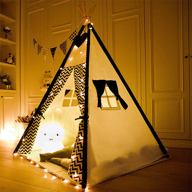 Foldable Portable Canvas Kids Teepee Tent with Light String & Carry Bag for Indoor Outdoor, Kids Teepee Playhouse with Black Wave Stripe Print 