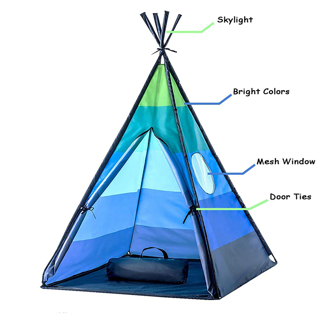 Blue green stripe PVC pole sturdy teepee tent for kids with Carry Case, best playhouse for girls boys