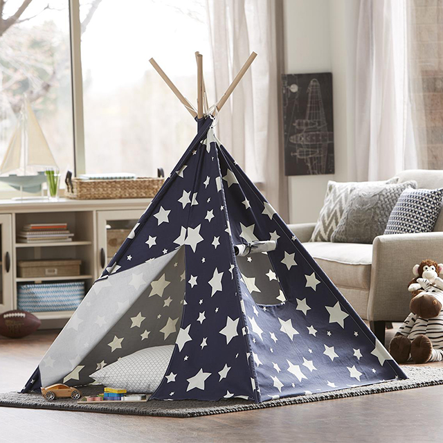 XP-TP062 Dark blue with white star Indian Canvas Teepee Children Playhouse Kids Play Tent for Indoor or Outdoor play with portable carry case
