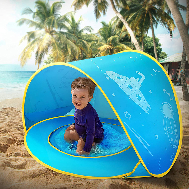 Blue Space Ship Design Pop Up Baby Beach Tent UPF 50+ Summer Shade Tent Beach Umbrella for Infant with Pool