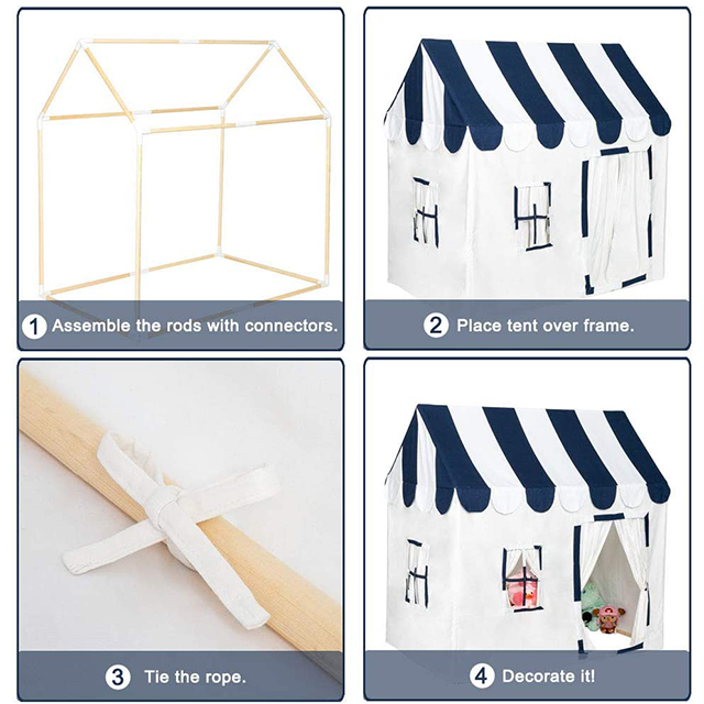 Black Stripe Canvas Cotton Cover Wooden Pole Kids Play House Tent