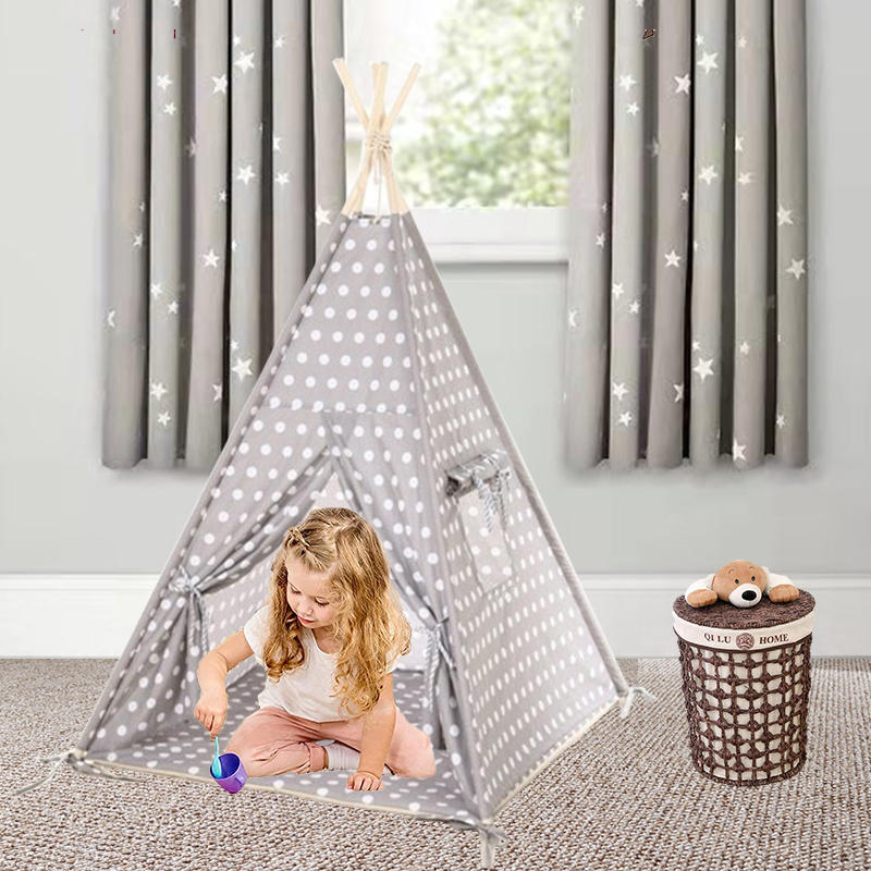 Grey color with white dot pattern Three-Season Cotton Canvas Pyramid Tent Kids Teepee for Girls Boys Toddlers