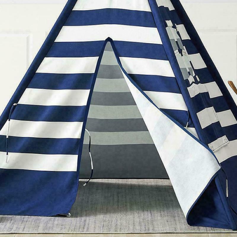Navy Dark blue stripe kids play tent house cotton canvas children's teepee indian tepee tents with window wooden frame