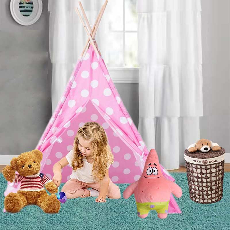 Pink with white dot Hot sale high quality cotton canvas Indian teepee tent kids for indoor toy tents 