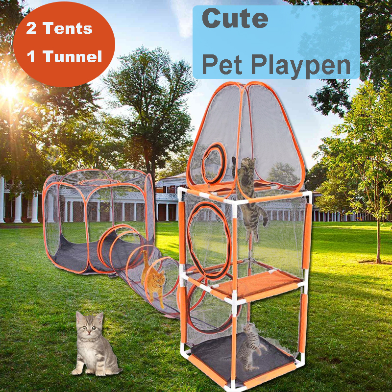 Outdoor Cat Enclosures Cage Tent Pet Play House 3 Levels of Jumping Tower Hexagon Tent With 1 Tunne