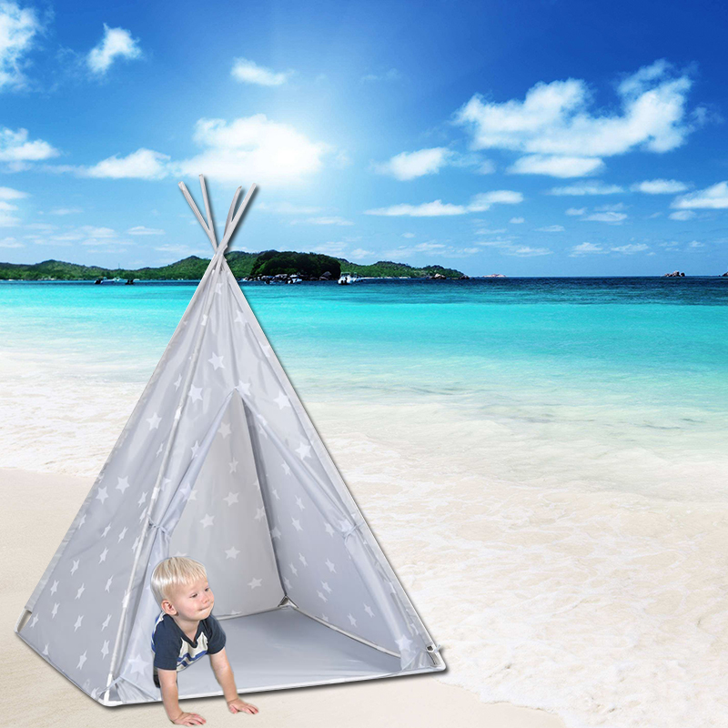 Portable Grey Kids Teepee Tent Polyester With PVC Poles Star Design