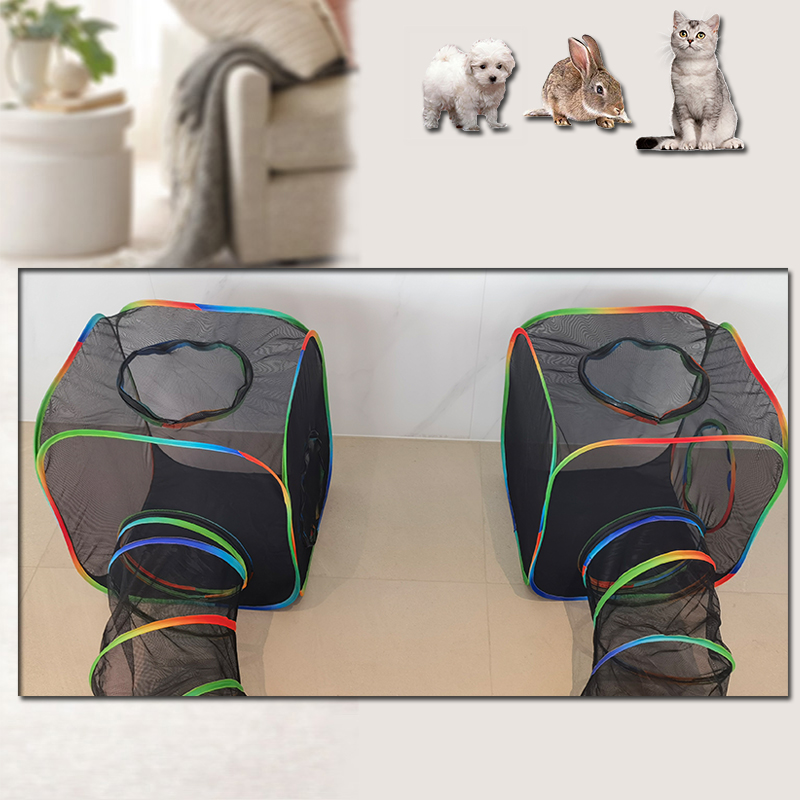 Set of 3 Outdoor Rainbow Cat Enclosures Pet Playground Kitty Small Animals Rabbit Guinea Pig Playpen Square Tent with Circle Tunnel