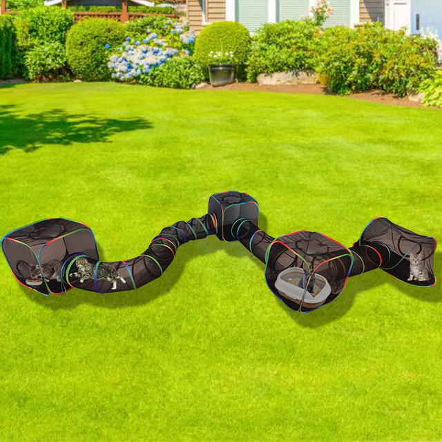 Set of 7 Outdoor Rainbow Cat Enclosures Pet Playground Kitty Small Animals Rabbit Guinea Pig Playpen Square Olive Tent with Play Tunnel