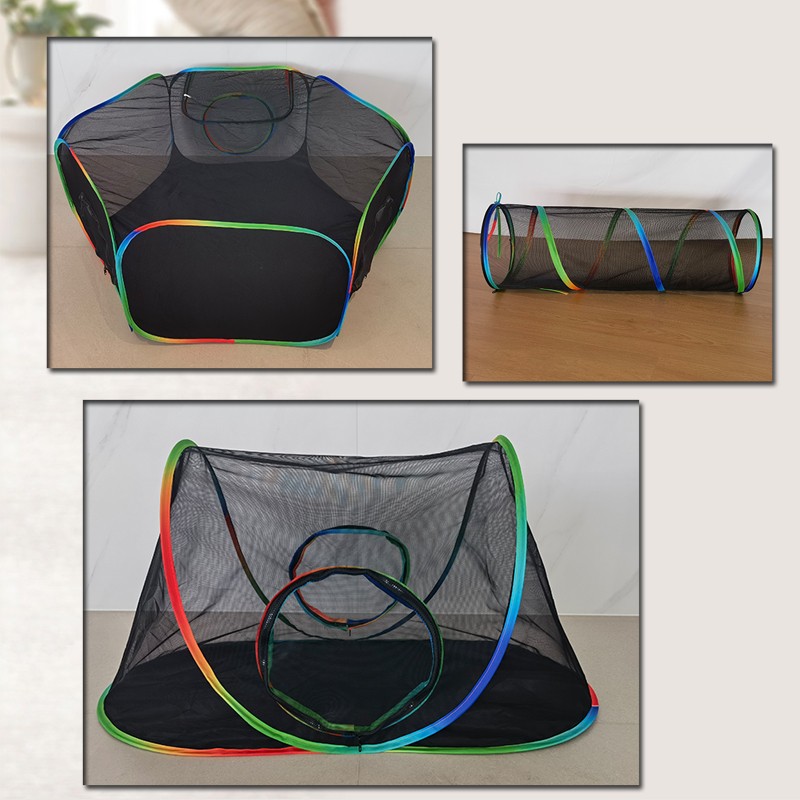 Set of 3 Outdoor Rainbow Cat Enclosures Pet Playground Kitty Small Animals Rabbit Guinea Pig Playpen Olive Hexagon Tent with Tunnel