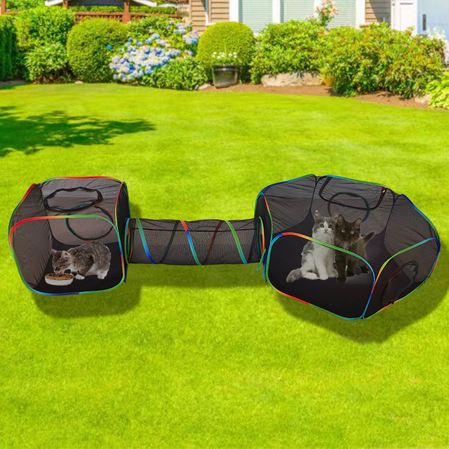 Set of 3 Outdoor Rainbow Cat Enclosures Pet Playground Kitty Small Animals Rabbit Guinea Pig Playpen Square Hexagon Tent with Tunnel