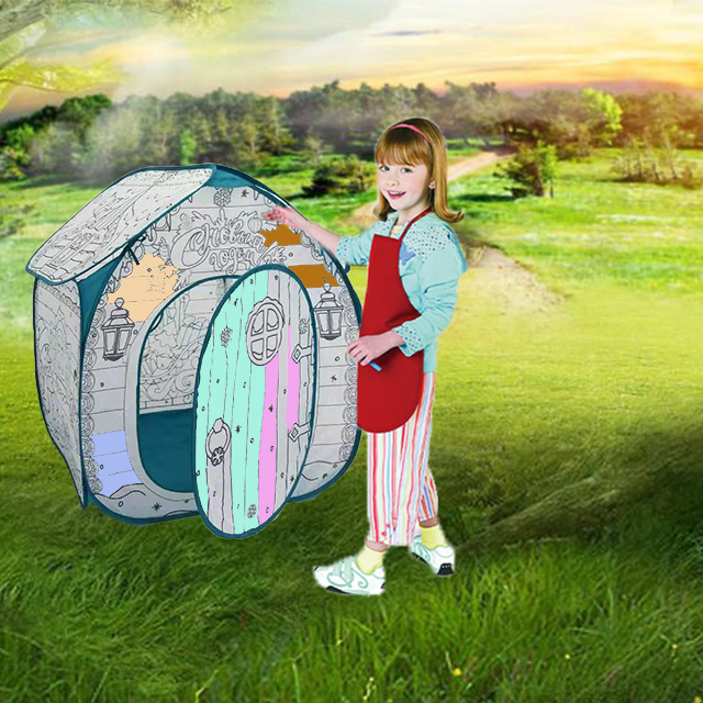 Forest Theme Portable Pop Up House Tent,DIY Colored With Six Washable Color Pens ,Reusable For Indoor Outdoor