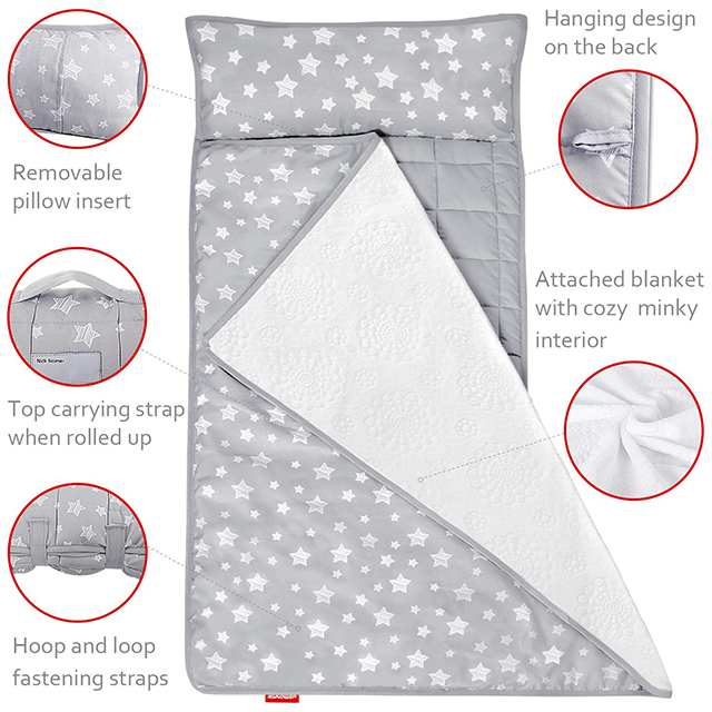 Lightweight Toddler Nap Mat with Removable Pillow and Blanket,Travel Sleeping Bag Boys and Girls